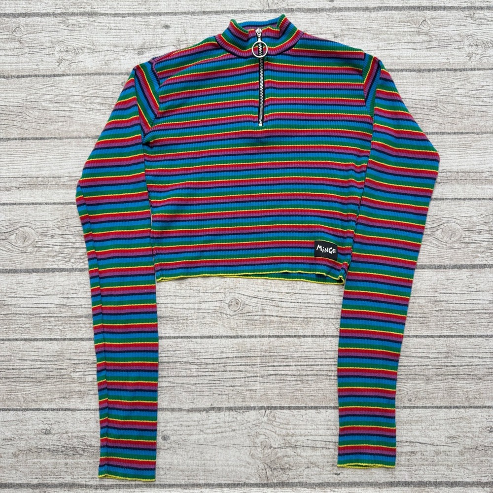 Minga London Crop Top Womens XS/S Rainbow Striped Ribbed Quarter Zip Long Sleeve
